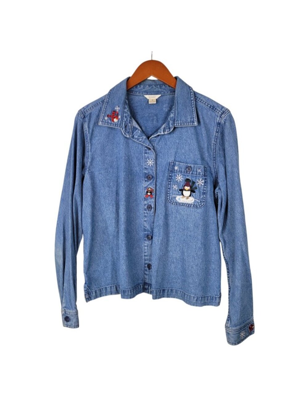 Vintage Denim Shirt Top Jacket Size Medium Embroidered Shacket Penguin Winter